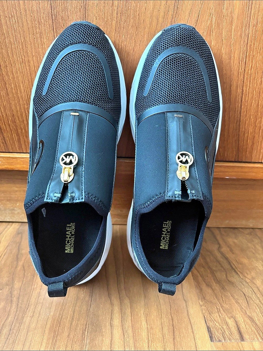 Michael Kors Olympia Extreme Scuba and Leather Zip-Front Trainer Zip Sneakers